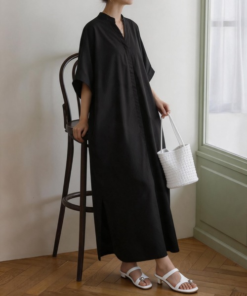 MAISON DE THERESE(メゾン ド テレーズ)の「ボリューム感 ビッグサイズ Vネック スリットシャツワンピース(ワンピース・レディース・ブラック/パープル/ベージュ・FREE)」の5枚目の写真