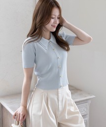 CLEAR BASIC | ダブルカラー半袖ニットトップス［フェミニン／きれいめ／大人可愛い／オフィスカジュアル／上品／骨格ウェーブ］(ニット/セーター)