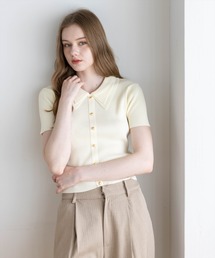 CLEAR BASIC | ダブルカラー半袖ニットトップス［フェミニン／きれいめ／大人可愛い／オフィスカジュアル／上品／骨格ウェーブ］(ニット/セーター)