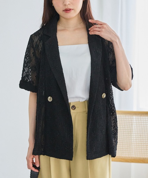 LAVEANGE(ラビアンジェ)の「レース半袖ダブルジャケット|セットアップ対応/半袖ジャケット/軽羽織り/甘すぎない大人の贅沢レース(テーラードジャケット・レディース・オフホワイト/ブラック・3L/4L/M/LL)」の14枚目の写真