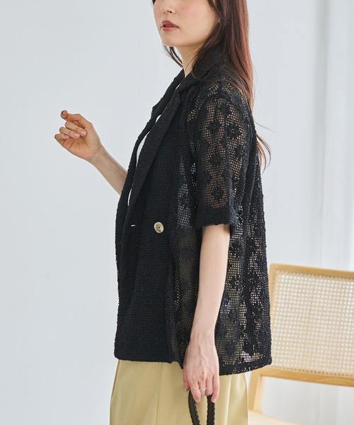 LAVEANGE(ラビアンジェ)の「レース半袖ダブルジャケット|セットアップ対応/半袖ジャケット/軽羽織り/甘すぎない大人の贅沢レース(テーラードジャケット・レディース・オフホワイト/ブラック・3L/4L/M/LL)」の18枚目の写真