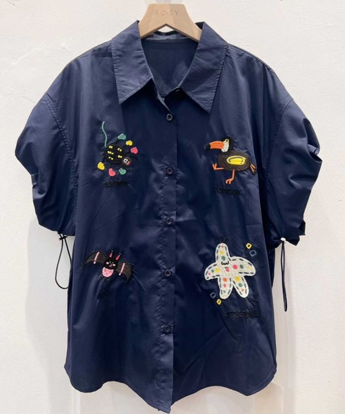 WESTSEA(ウエストシー)の「アニマル刺繍 ドロストスリーブ 半袖シャツブラウス(シャツ/ブラウス・レディース・ネイビー/カーキ/ブラック・FREE)」の3枚目の写真