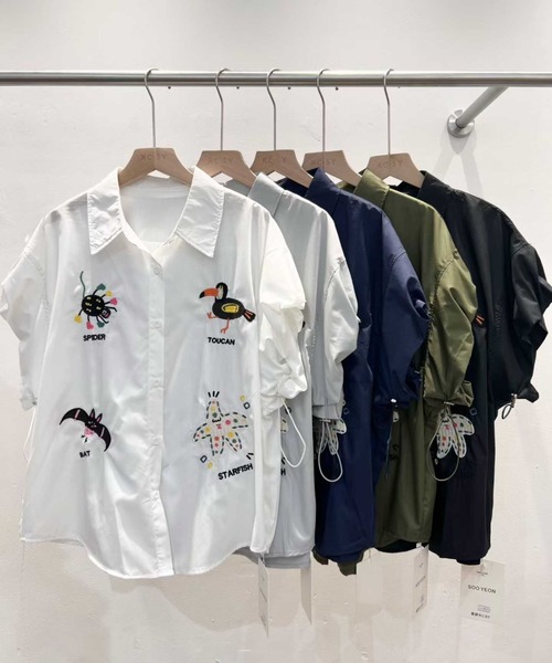 WESTSEA(ウエストシー)の「アニマル刺繍 ドロストスリーブ 半袖シャツブラウス(シャツ/ブラウス・レディース・ネイビー/カーキ/ブラック・FREE)」の6枚目の写真
