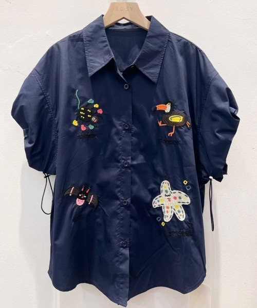 WESTSEA(ウエストシー)の「アニマル刺繍 ドロストスリーブ 半袖シャツブラウス(シャツ/ブラウス・レディース・ネイビー/カーキ/ブラック・FREE)」の5枚目の写真