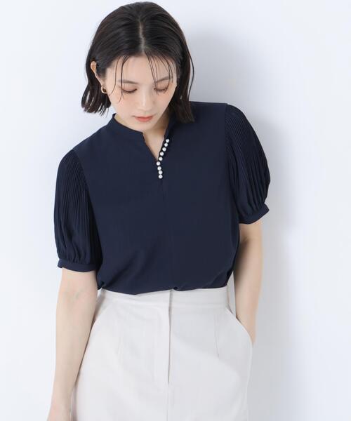 NATURAL BEAUTY BASIC(ナチュラルビューティーベーシック)の「ラインパール楊柳ブラウス(シャツ/ブラウス・レディース・ネイビー/ライトグリーン/オフホワイト・SMALL/MEDIUM)」の1枚目の写真