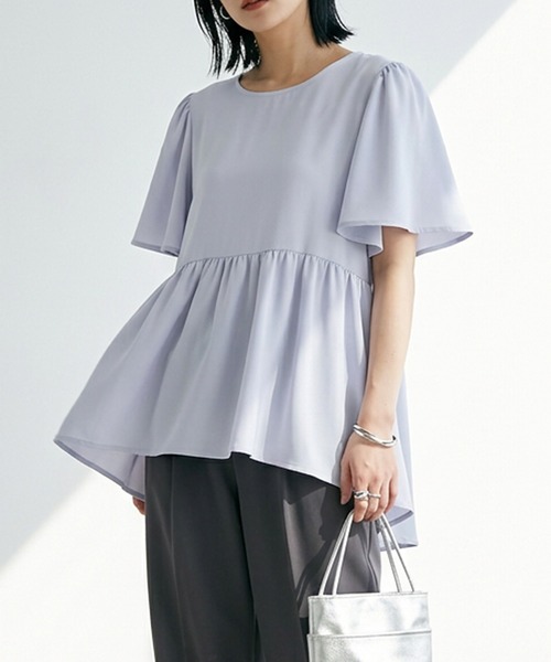 itto...（イット）の「【接触冷感＆UVカット】ひんやりさらさらジョーゼットフレア袖ペプラムトップス（Tシャツ/カットソー・レディース・ネイビー/オフホワイト/ライトブルー・FREE）」の2枚目の写真