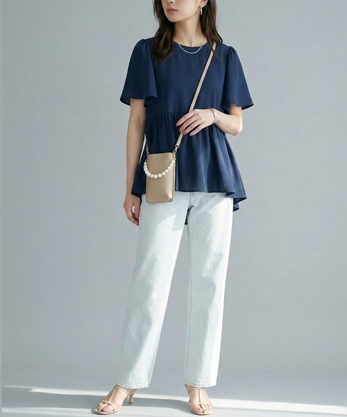 itto...（イット）の「【接触冷感＆UVカット】ひんやりさらさらジョーゼットフレア袖ペプラムトップス（Tシャツ/カットソー・レディース・ネイビー/オフホワイト/ライトブルー・FREE）」の10枚目の写真