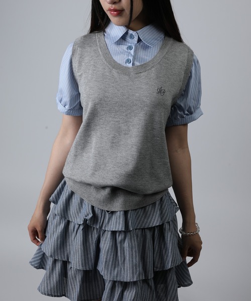 HOOK(フック)の「HOOK for girls ニットベスト×半袖シャツ レイヤードライクトップス (SS)(Tシャツ/カットソー・レディース・ネイビー/グレー・FREE)」の2枚目の写真