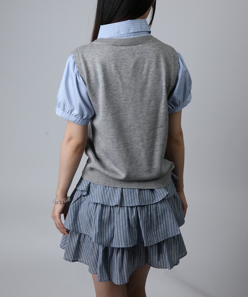 HOOK(フック)の「HOOK for girls ニットベスト×半袖シャツ レイヤードライクトップス (SS)(Tシャツ/カットソー・レディース・ネイビー/グレー・FREE)」の6枚目の写真