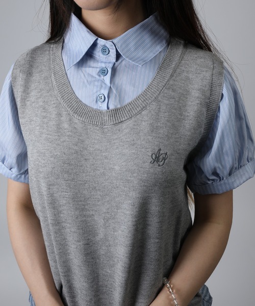HOOK(フック)の「HOOK for girls ニットベスト×半袖シャツ レイヤードライクトップス (SS)(Tシャツ/カットソー・レディース・ネイビー/グレー・FREE)」の5枚目の写真