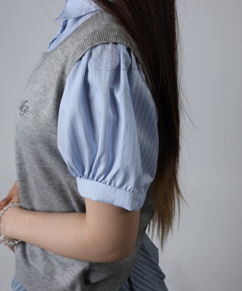 HOOK(フック)の「HOOK for girls ニットベスト×半袖シャツ レイヤードライクトップス (SS)(Tシャツ/カットソー・レディース・ネイビー/グレー・FREE)」の4枚目の写真