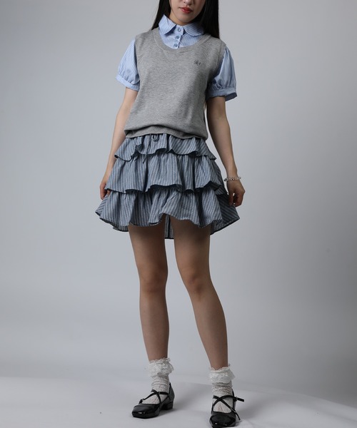 HOOK(フック)の「HOOK for girls ニットベスト×半袖シャツ レイヤードライクトップス (SS)(Tシャツ/カットソー・レディース・ネイビー/グレー・FREE)」の10枚目の写真
