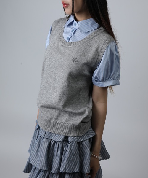 HOOK(フック)の「HOOK for girls ニットベスト×半袖シャツ レイヤードライクトップス (SS)(Tシャツ/カットソー・レディース・ネイビー/グレー・FREE)」の7枚目の写真