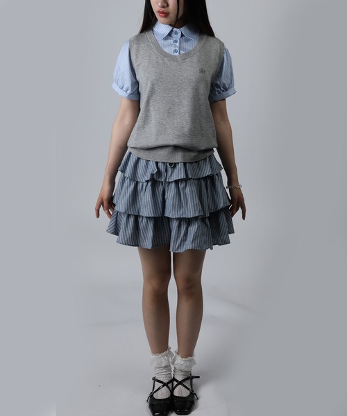 HOOK(フック)の「HOOK for girls ニットベスト×半袖シャツ レイヤードライクトップス (SS)(Tシャツ/カットソー・レディース・ネイビー/グレー・FREE)」の8枚目の写真