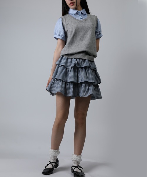 HOOK(フック)の「HOOK for girls ニットベスト×半袖シャツ レイヤードライクトップス (SS)(Tシャツ/カットソー・レディース・ネイビー/グレー・FREE)」の9枚目の写真