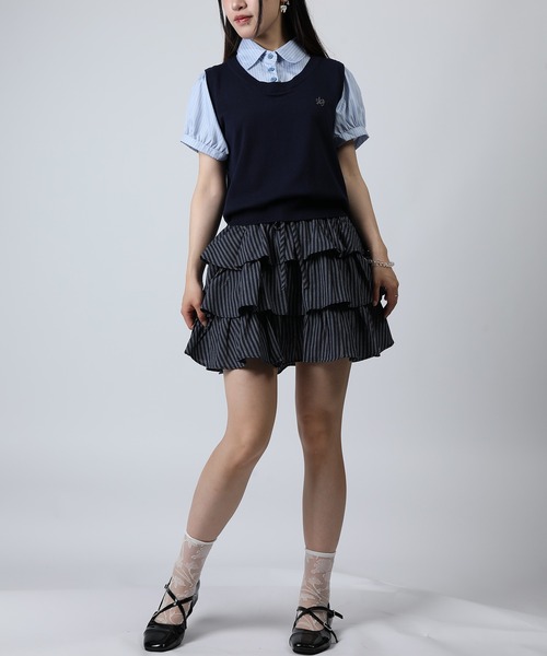 HOOK(フック)の「HOOK for girls ニットベスト×半袖シャツ レイヤードライクトップス (SS)(Tシャツ/カットソー・レディース・ネイビー/グレー・FREE)」の21枚目の写真