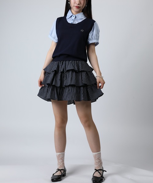 HOOK(フック)の「HOOK for girls ニットベスト×半袖シャツ レイヤードライクトップス (SS)(Tシャツ/カットソー・レディース・ネイビー/グレー・FREE)」の20枚目の写真