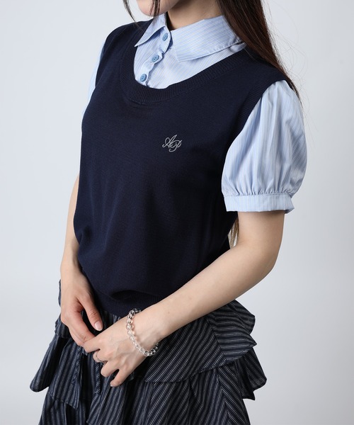 HOOK(フック)の「HOOK for girls ニットベスト×半袖シャツ レイヤードライクトップス (SS)(Tシャツ/カットソー・レディース・ネイビー/グレー・FREE)」の19枚目の写真