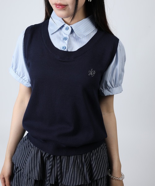 HOOK(フック)の「HOOK for girls ニットベスト×半袖シャツ レイヤードライクトップス (SS)(Tシャツ/カットソー・レディース・ネイビー/グレー・FREE)」の18枚目の写真