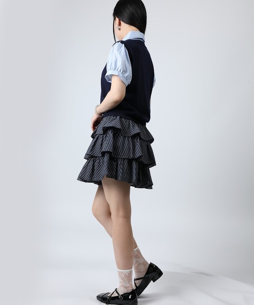 HOOK(フック)の「HOOK for girls ニットベスト×半袖シャツ レイヤードライクトップス (SS)(Tシャツ/カットソー・レディース・ネイビー/グレー・FREE)」の15枚目の写真