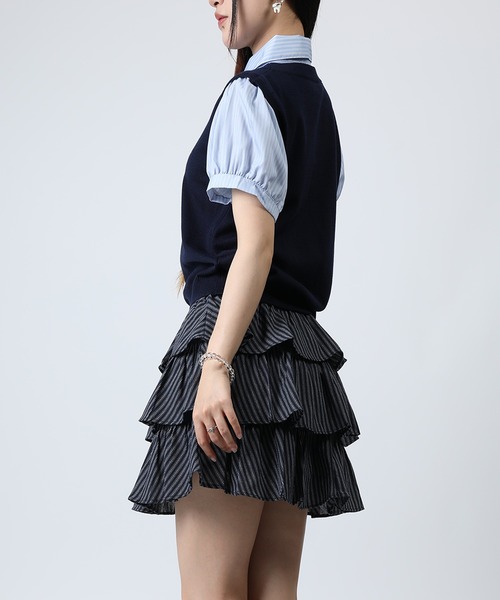 HOOK(フック)の「HOOK for girls ニットベスト×半袖シャツ レイヤードライクトップス (SS)(Tシャツ/カットソー・レディース・ネイビー/グレー・FREE)」の14枚目の写真