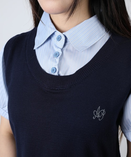 HOOK(フック)の「HOOK for girls ニットベスト×半袖シャツ レイヤードライクトップス (SS)(Tシャツ/カットソー・レディース・ネイビー/グレー・FREE)」の13枚目の写真