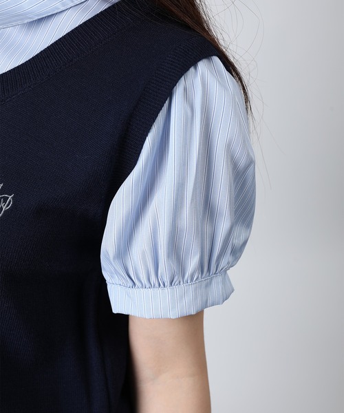 HOOK(フック)の「HOOK for girls ニットベスト×半袖シャツ レイヤードライクトップス (SS)(Tシャツ/カットソー・レディース・ネイビー/グレー・FREE)」の12枚目の写真