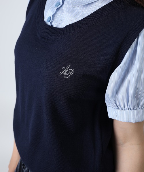 HOOK(フック)の「HOOK for girls ニットベスト×半袖シャツ レイヤードライクトップス (SS)(Tシャツ/カットソー・レディース・ネイビー/グレー・FREE)」の11枚目の写真