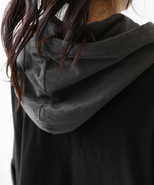 minsobi(ミンソビ)の「レイヤード風ドッキングデザイン 切りっぱなし 半袖 パーカー(ユニセックス)(Tシャツ/カットソー・メンズ・ブラック・FREE)」の18枚目の写真
