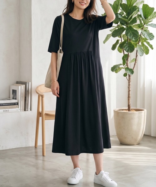 Belta attrice（ベルタアトリーチェ）の「【接触冷感】ダブルシルケットコットン ウエスト切り替えカットソーワンピース/リラックス（ワンピース・レディース・グレー/ライトベージュ/ターコイズブルー/ダークラベンダー/カーキ/ブラック・FREE/フリー）」の7枚目の写真