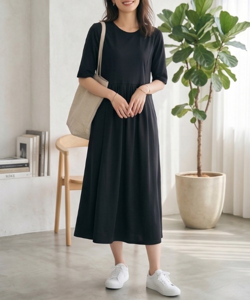 Belta attrice（ベルタアトリーチェ）の「【接触冷感】ダブルシルケットコットン ウエスト切り替えカットソーワンピース/リラックス（ワンピース・レディース・グレー/ライトベージュ/ターコイズブルー/ダークラベンダー/カーキ/ブラック・FREE/フリー）」の10枚目の写真