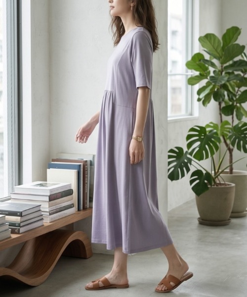 Belta attrice（ベルタアトリーチェ）の「【接触冷感】ダブルシルケットコットン ウエスト切り替えカットソーワンピース/リラックス（ワンピース・レディース・グレー/ライトベージュ/ターコイズブルー/ダークラベンダー/カーキ/ブラック・FREE/フリー）」の13枚目の写真