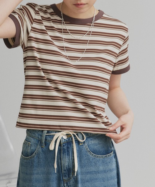 コンパクト ランダムボーダー リンガー Tシャツ（Tシャツ/カットソー
