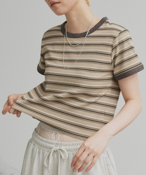 ad thie(アドティエ)の「コンパクト ランダムボーダー リンガー Tシャツ(Tシャツ/カットソー・レディース・アイボリー/ブルー/グレー/ブラウン・FREE)」の8枚目の写真