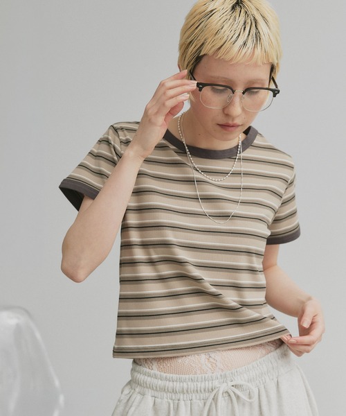 ad thie(アドティエ)の「コンパクト ランダムボーダー リンガー Tシャツ(Tシャツ/カットソー・レディース・アイボリー/ブルー/グレー/ブラウン・FREE)」の10枚目の写真