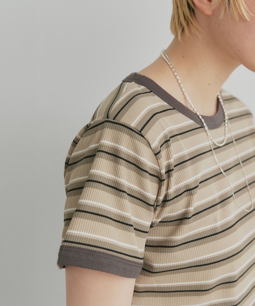 ad thie(アドティエ)の「コンパクト ランダムボーダー リンガー Tシャツ(Tシャツ/カットソー・レディース・アイボリー/ブルー/グレー/ブラウン・FREE)」の12枚目の写真