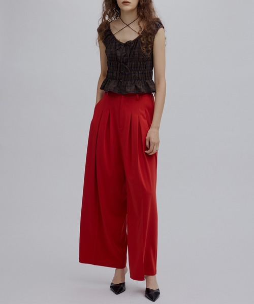 Ameri(アメリ)の「CHECK SHIRRING RIBBON TOPS(Tシャツ/カットソー・レディース・ブラウン/アイボリー/ベージュ・SMALL/MEDIUM)」の12枚目の写真