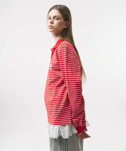 FOR THE WEATHER（フォーザウェザー）の「スタライトロゴストライプPKTシャツ(レッド)（ポロシャツ・レディース・その他・FREE）」の2枚目の写真
