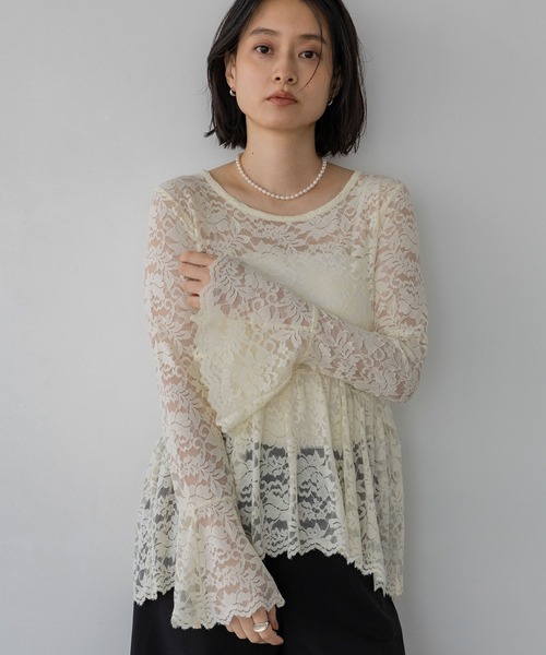 A part by(アパートバイ)の「レースギャザープルオーバー_長袖(Tシャツ/カットソー・レディース・ナチュラル/ブラック・FREE)」の1枚目の写真