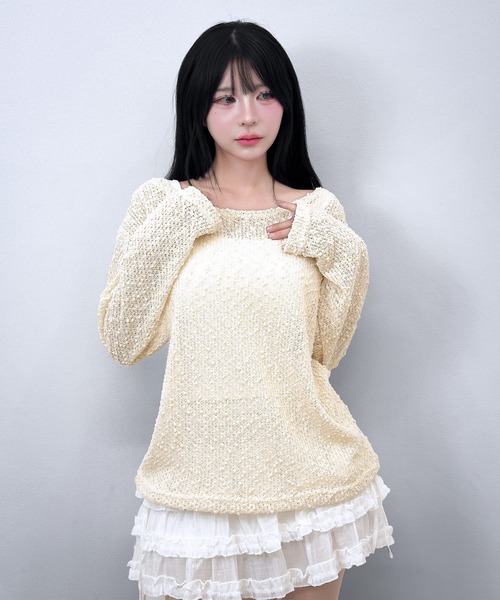 FOLLOWIN(フォロウィン)の「【2WAY/オフショルダーも可能】ポップコーンニットTシャツ(ニット/セーター・レディース・ブラック/カーキ/ライトベージュ・FREE)」の16枚目の写真