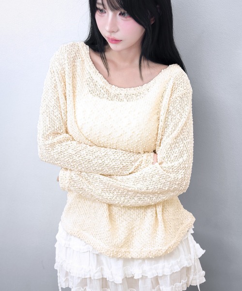 FOLLOWIN(フォロウィン)の「【2WAY/オフショルダーも可能】ポップコーンニットTシャツ(ニット/セーター・レディース・ブラック/カーキ/ライトベージュ・FREE)」の18枚目の写真