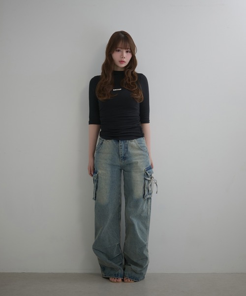 M DOLLY（エムドリー）の「*M DOLLY original* Side shirring logo tops / サイドシャーリングロゴトップス（Tシャツ/カットソー・レディース・アイボリー/グレー/ブラック・FREE）」の9枚目の写真