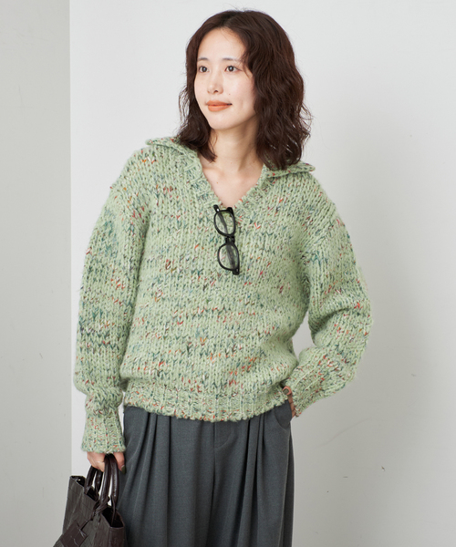 TRICOTS JEAN MARC（トリコットジーンマルク）の「TRICOTS JEAN MARC/トリコットジーンマルク SLOBE別注 MIXスキッパーニット（ニット/セーター・レディース・グリーン/サックスブルー/ブラウン・FREE）」の16枚目の写真