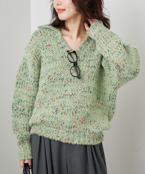 TRICOTS JEAN MARC（トリコットジーンマルク）の「TRICOTS JEAN MARC/トリコットジーンマルク SLOBE別注 MIXスキッパーニット（ニット/セーター・レディース・グリーン/サックスブルー/ブラウン・FREE）」の19枚目の写真