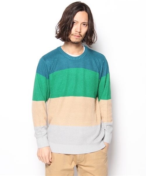 WHO'S WHO gallery（フーズフーギャラリー）の「アゼボーダープルオーバーニット（ニット/セーター・メンズ・グリーン/ブルー/オレンジ/ベージュ/マルチ/その他1・MEDIUM/LARGE）」の6枚目の写真
