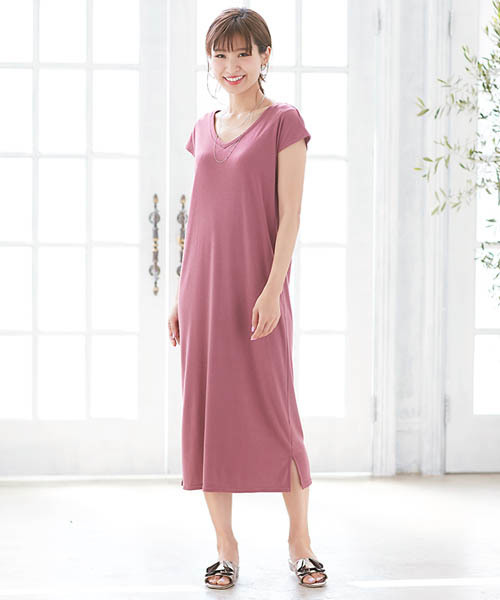 はーと　半袖 プリーツ Aライン ワンピース ピンク38 ドレスプラス DRESS+ ワンピース 花柄 半袖 ミモレ丈 フレア