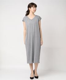 Iラインフレンチスリーブロングワンピース/レーヨン混 シンプル 無地　半袖ワンピース　Tシャツワンピ