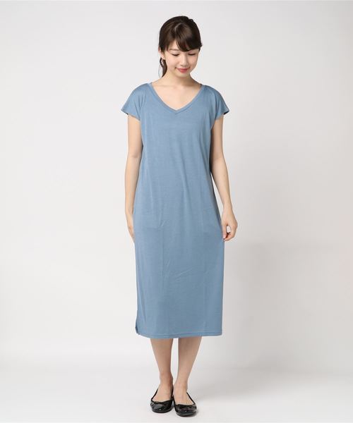 Iラインフレンチスリーブロングワンピース/レーヨン混 シンプル