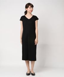 Iラインフレンチスリーブロングワンピース/レーヨン混 シンプル 無地 半袖ワンピース Tシャツワンピ