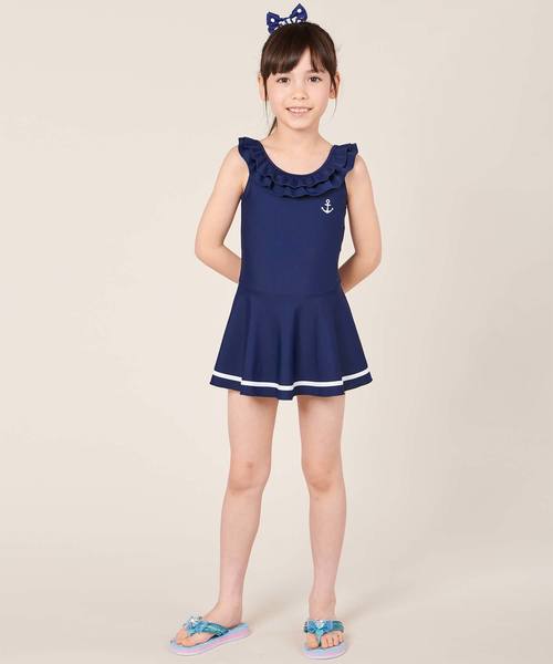 motherways(マザウェイズ)の「ガールズ 1分丈パンツ付 スクールワンピース水着&シュシュ(水着)」|ネイビー